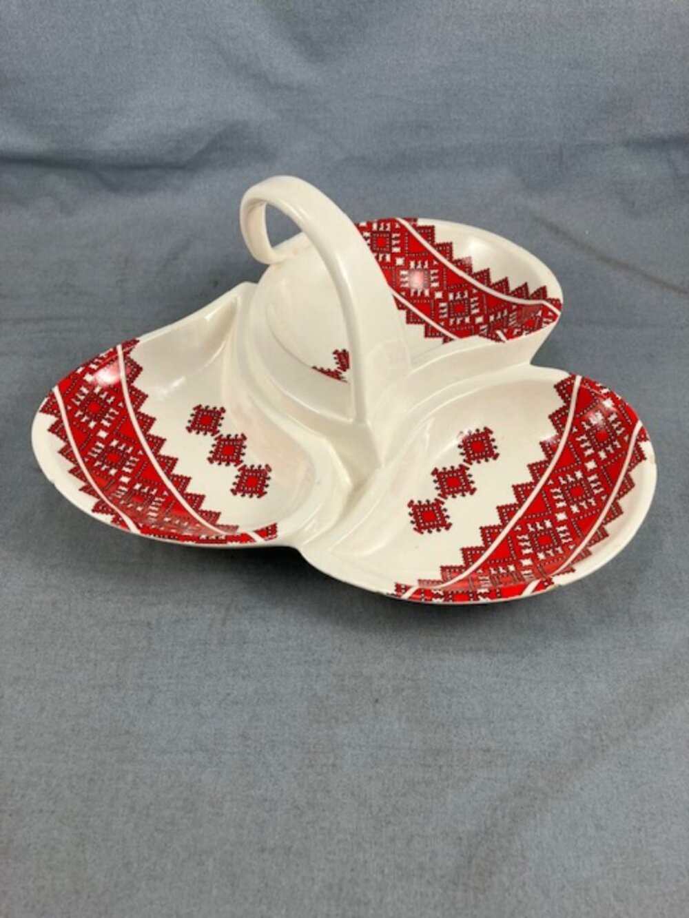 Vtg Ukrainian Ceramic 3 section Serving Tray 9" with Handle Condiment Folk Art